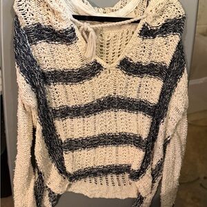 Free People Cream and Blue Striped Open-Weave V-Neck Sweater